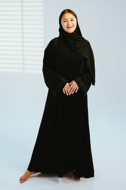 Two-Piece Elegant Floral Embellished Closed Abaya - Black