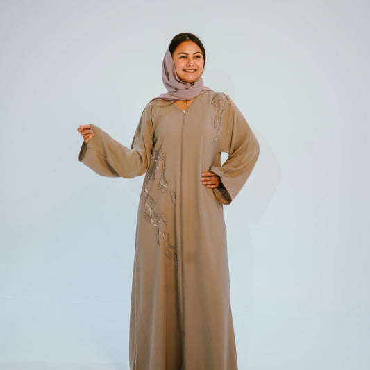 Two-Piece Elegant Taupe Embellished Closed Abaya