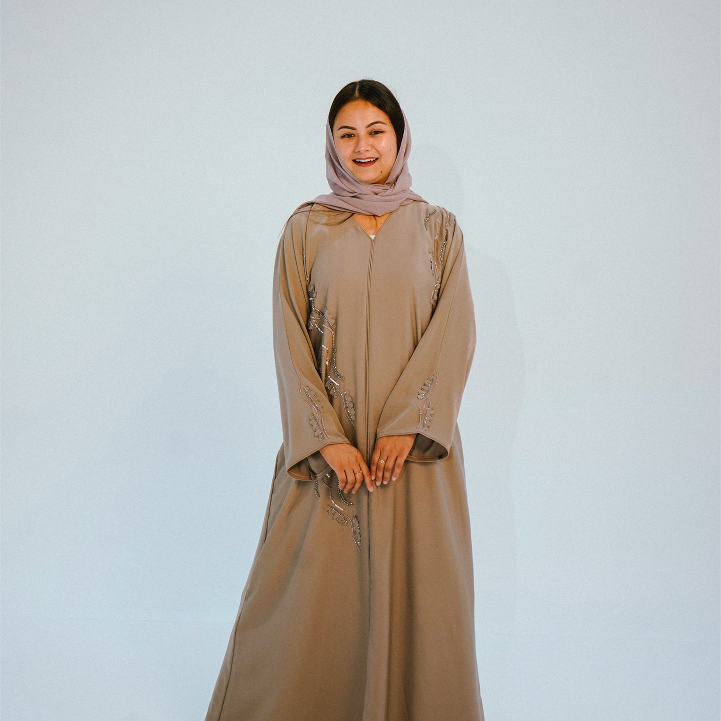 Two-Piece Elegant Taupe Embellished Closed Abaya