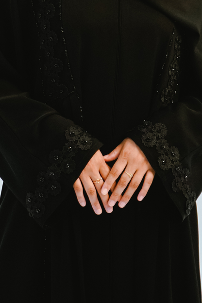 Two-Piece Elegant Floral Embellished Closed Abaya - Black