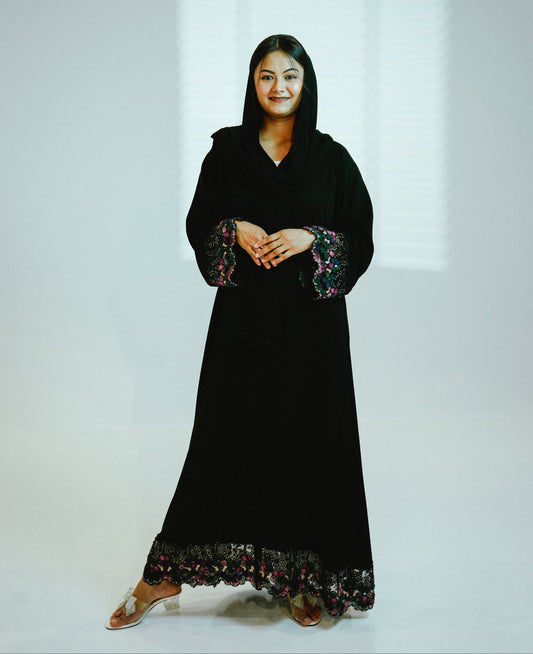 Two-Piece Premium Flower Embellished Closed Abaya - Black