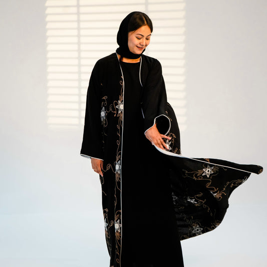 Signature Three-Piece Hand-Stitched Abaya - Black