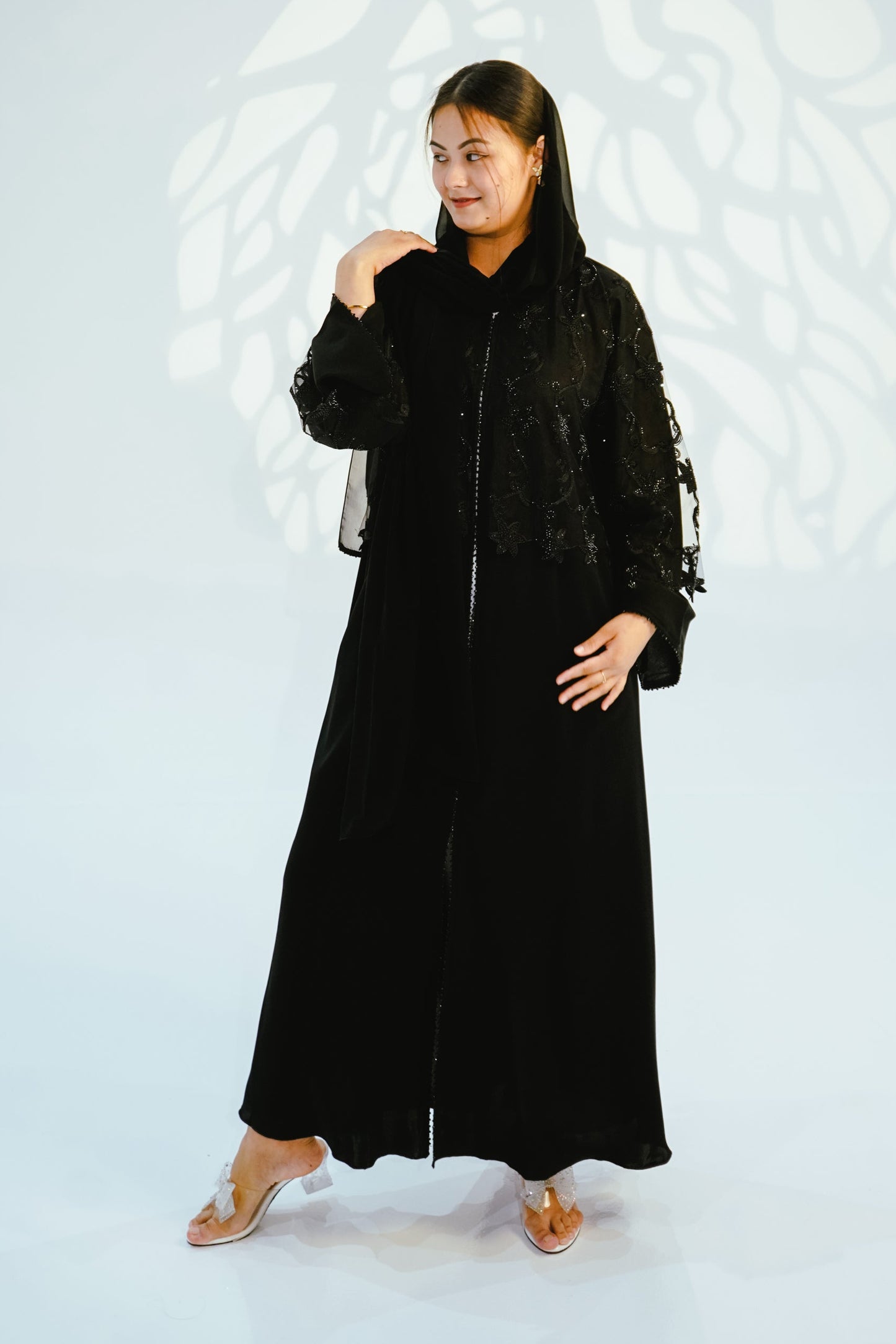 Two-Piece Open & Closed Luxury Embellished Abaya - Black