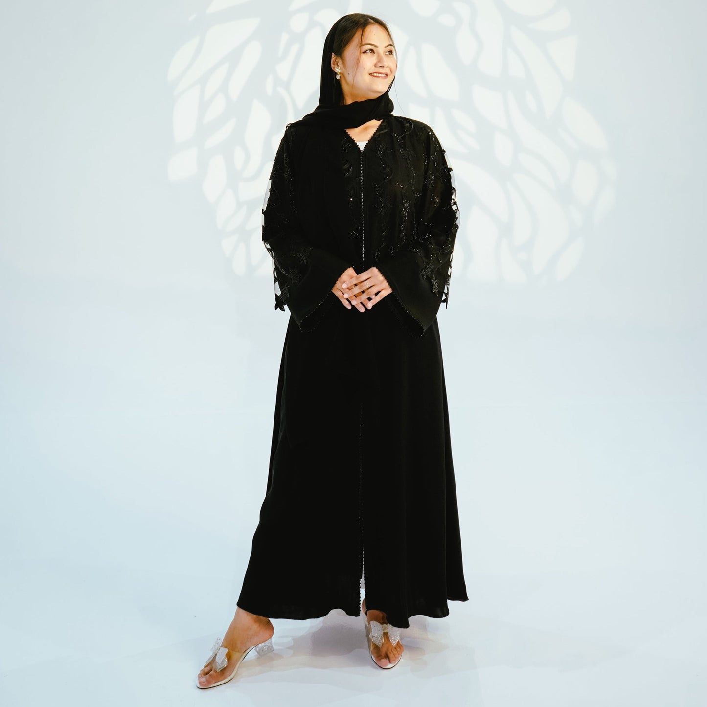 Two-Piece Open & Closed Luxury Embellished Abaya - Black