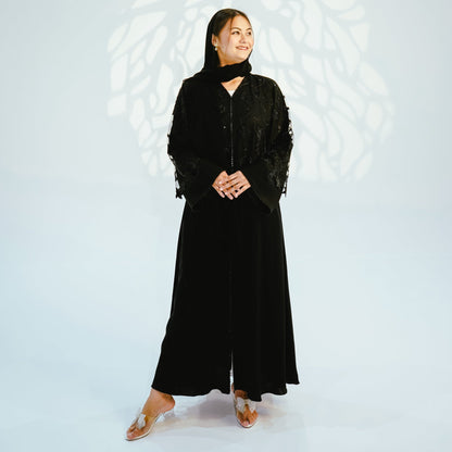 Two-Piece Open & Closed Luxury Embellished Abaya - Black