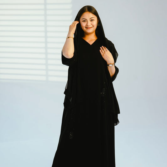 Two-Piece Refined Black Closed Embellished Abaya