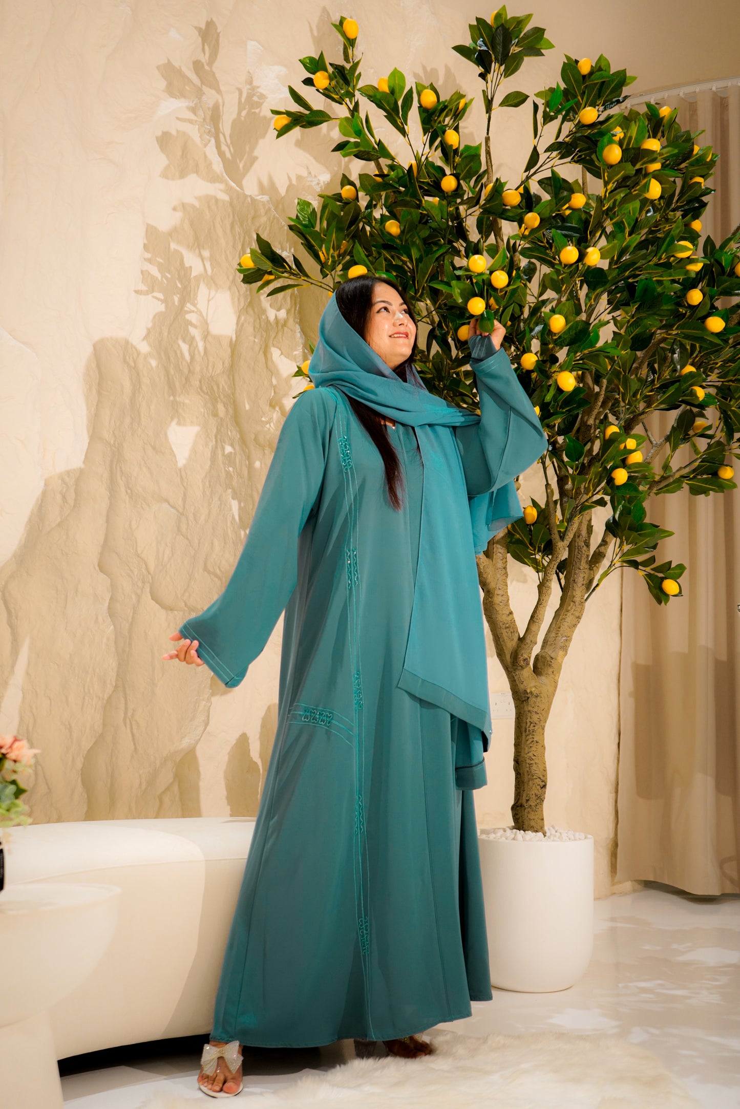Two-Piece Elegant Embellished Teal Closed Abaya
