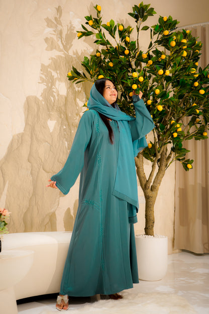Two-Piece Elegant Embellished Teal Closed Abaya