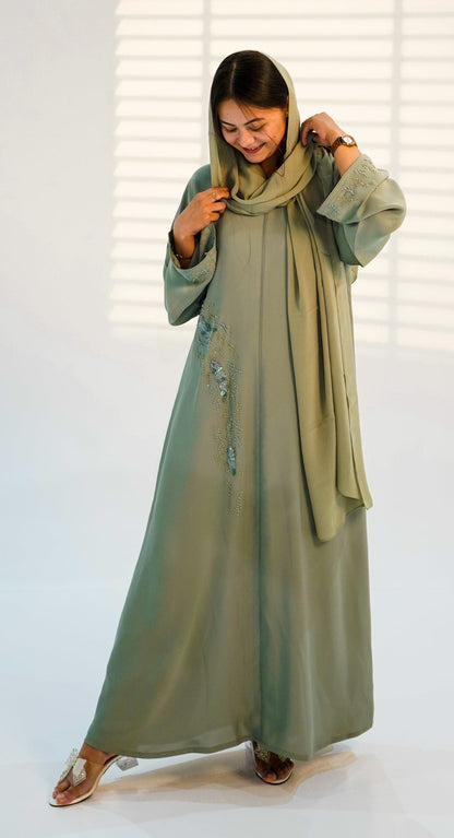 Two-Piece Luxury Sage Embellished Closed Abaya