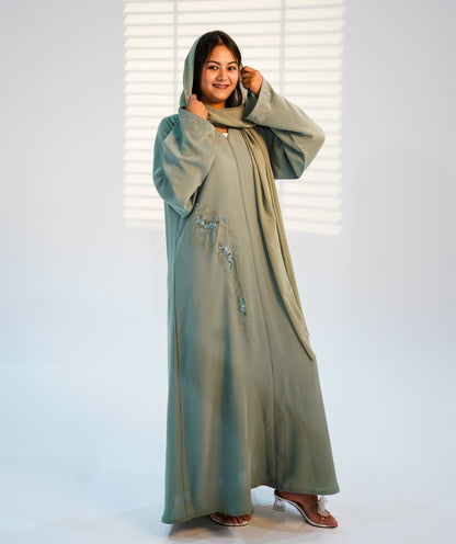 Two-Piece Luxury Sage Embellished Closed Abaya