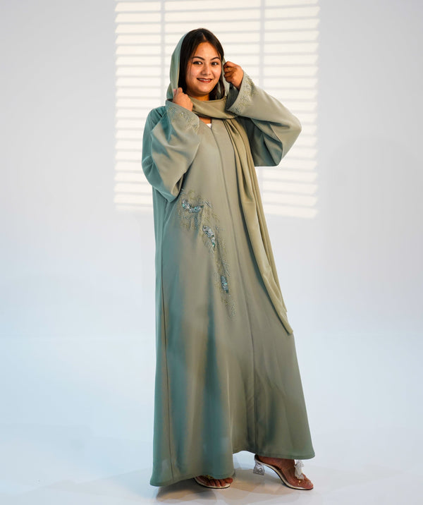 Two-Piece Luxury Sage Embellished Closed Abaya