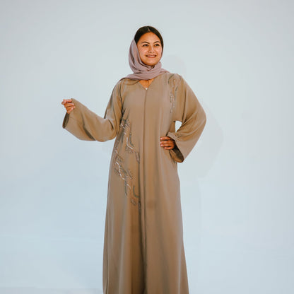 Two-Piece Elegant Taupe Embellished Closed Abaya