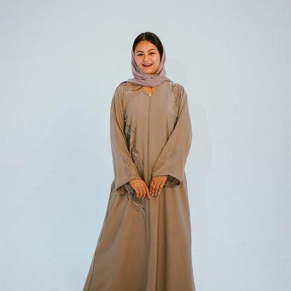 Two-Piece Elegant Taupe Embellished Closed Abaya